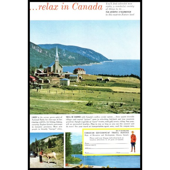 1953 Canada Vacation Travel Vintage Print Ad Mounty Ocean Coast Church Wall Art - Picture 1 of 1